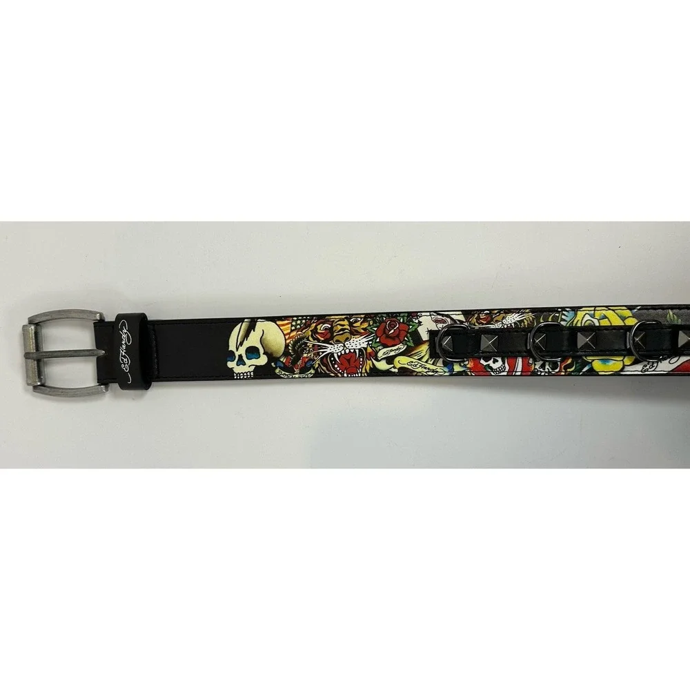 Ed Hardy Tattoo Skull‎ Graphic Studded Belt Black Y2K Punk Unisex Size 36